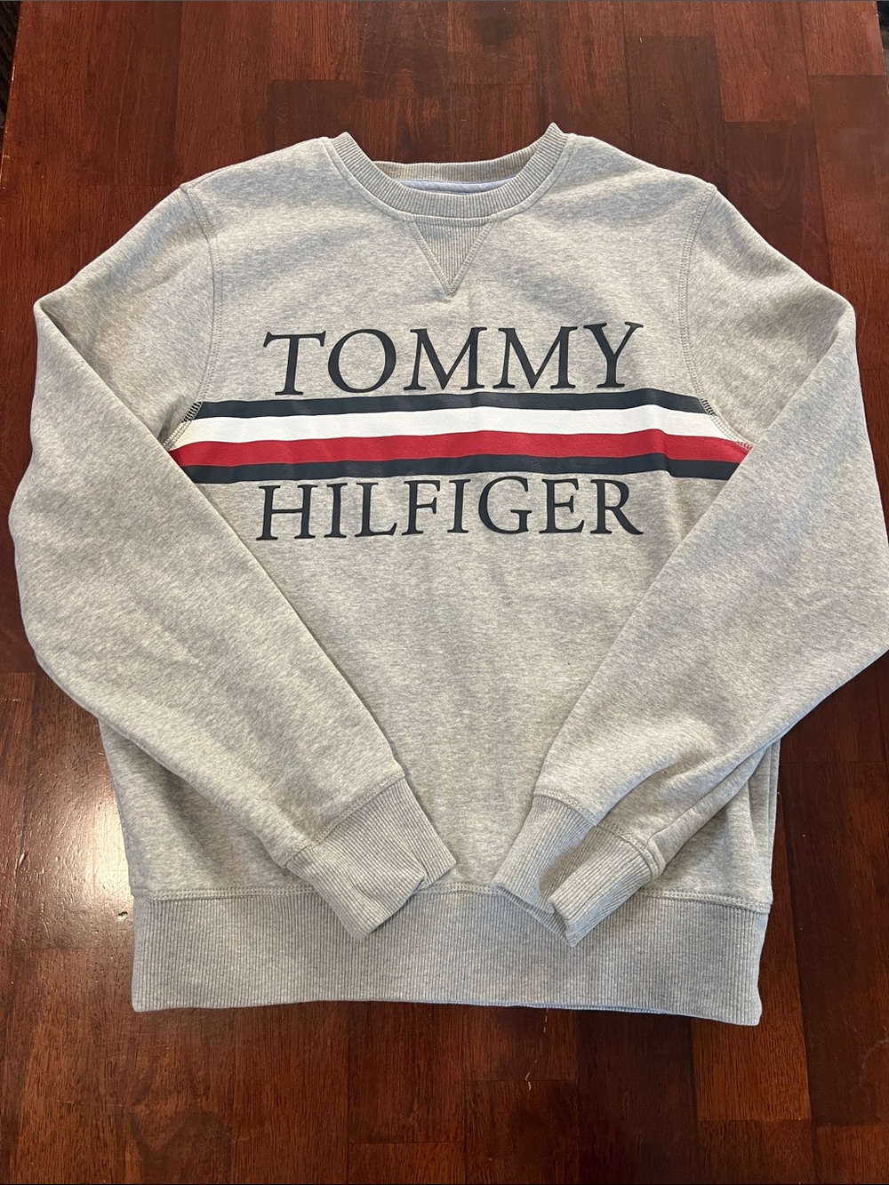 Tommy Hilfiger Light Gray Crewneck Sweatshirt with Navy White and Red Stripes